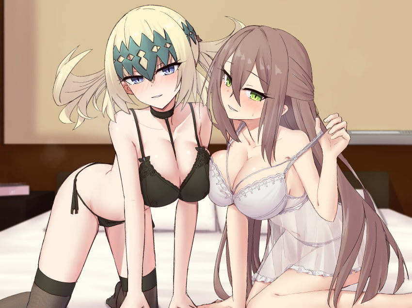 2girls absurdres adele_(fate) all_fours babydoll bare_shoulders black_bra black_panties black_thighhighs blonde_hair blue_eyes blush bra breasts brown_hair cleavage collarbone commentary_request diadem elfenlied22 fate/grand_order fate_(series) green_eyes highres large_breasts long_hair looking_at_viewer medium_hair multiple_girls panties pollux_(fate) smile thighhighs thighs underwear