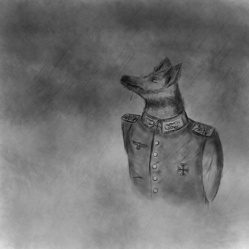 absurd_res canid canine canis clothing domestic_dog feral german_shepherd herding_dog hi_res maddog1945 male mammal military_uniform monochrome nazi pastoral_dog raining solo uniform world_war_2