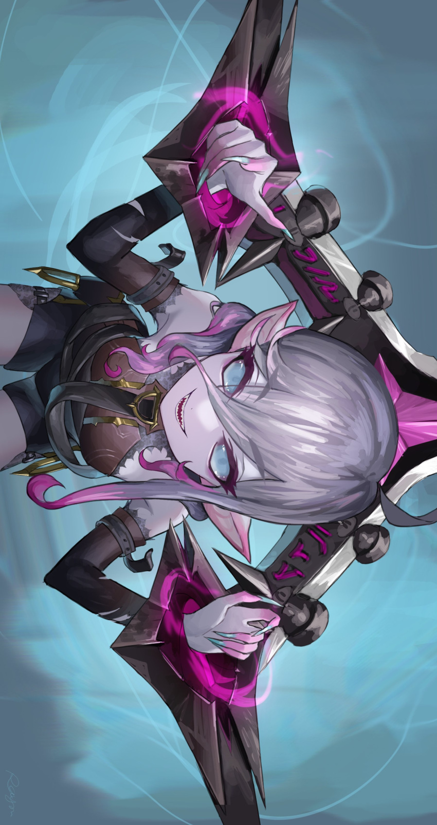 1girl absurdres arm_belt belt black_belt black_shorts blue_nails briar_(league_of_legends) colored_skin fingernails grey_eyes grey_hair hair_between_eyes highres league_of_legends long_hair looking_at_viewer multicolored_hair nail_polish open_mouth rayn87250715 sharp_fingernails sharp_teeth shorts simple_background smile solo streaked_hair teeth two-tone_hair vampire wrist_cuffs