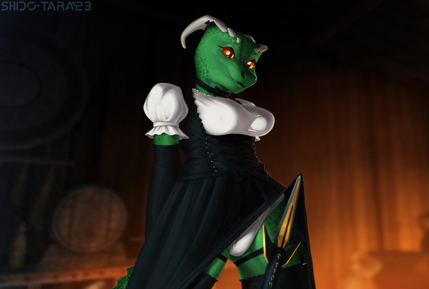 anthro argonian bethesda_softworks bottomwear clothed clothing clothing_lift collar female gloves green_body handwear hi_res legwear lifts-her-tail lusty_argonian_maid maid_uniform orange_sclera panties reptile scales scalie shido-tara skirt skirt_lift skyrim solo stockings the_elder_scrolls underwear uniform yellow_eyes