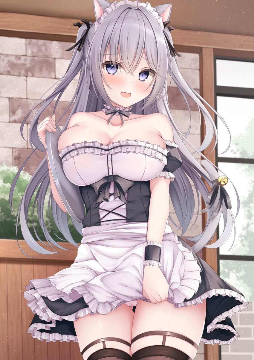 1girl absurdres animal_ears apron bare_shoulders bell black_dress black_thighhighs blush breasts cameltoe cat_ears cat_tail cleavage clothes_pull collarbone commentary_request crossed_bangs dress dress_pull fake_animal_ears fake_tail grey_hair hair_between_eyes hanonokusa highres holding holding_tray indoors large_breasts long_hair looking_at_viewer maid maid_apron open_mouth original panties purple_eyes ribbon short_dress smile standing tail tail_bell tail_ornament tail_ribbon thighhighs tray two-tone_dress two_side_up underwear white_dress white_panties