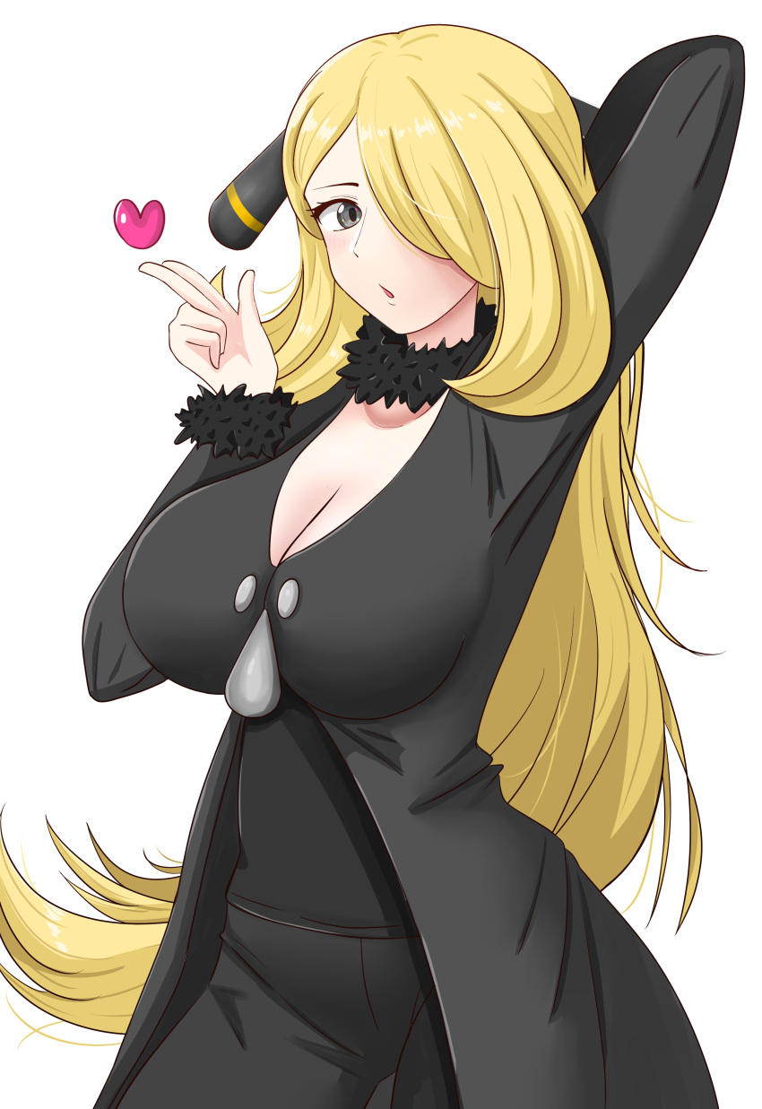 1girl :o absurdres arm_up black_coat black_pants black_shirt breasts cleavage coat cowboy_shot cynthia_(pokemon) fur-trimmed_sleeves fur_collar fur_trim hair_ornament hair_over_one_eye heart highres large_breasts long_hair long_sleeves looking_at_viewer maho_(corotonton5150) open_mouth pants pokemon pokemon_(game) pokemon_dppt shirt simple_background solo very_long_hair white_background