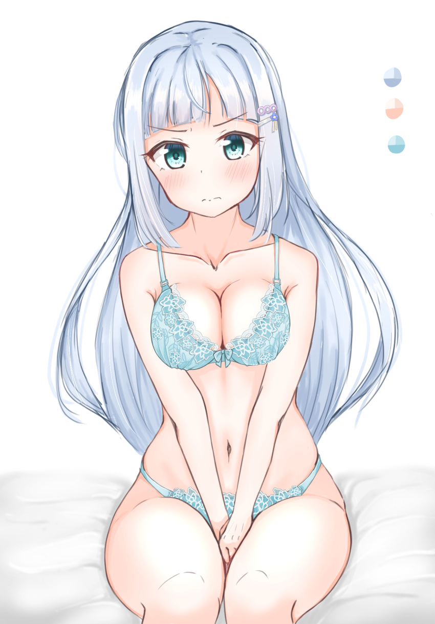 1girl aqua_bra aqua_eyes bangs bare_arms between_legs blunt_bangs blush bow bow_bra bra breasts chibi_chosu cleavage closed_mouth collarbone eyelashes feet_out_of_frame floral_print hair_ornament hairclip hand_between_legs highres idolmaster idolmaster_million_live! lace-trimmed_bra lace_trim legs_together long_hair looking_at_viewer medium_breasts navel on_bed panties shiraishi_tsumugi sidelocks sitting solo underwear underwear_only v-shaped_eyebrows wavy_mouth