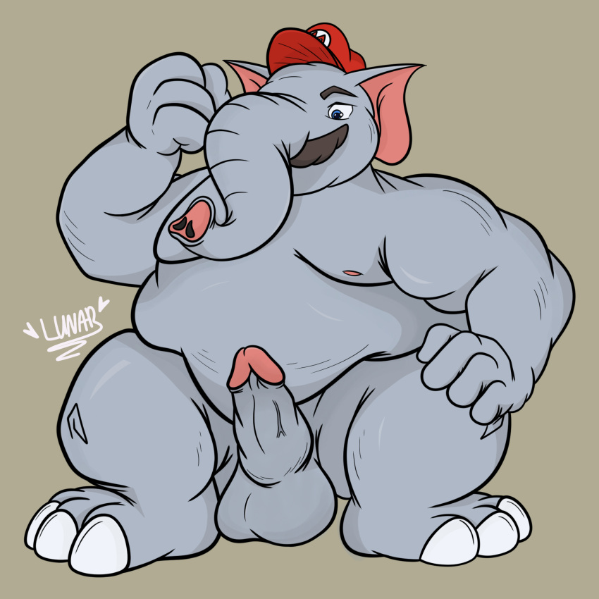 anthro balls belly clothing crouching elephant elephant_mario elephantid erection genitals grey_body hat headgear headwear hi_res lunarcosmic male mammal mario mario_bros moobs nintendo nipples nude overweight overweight_male penis proboscidean solo