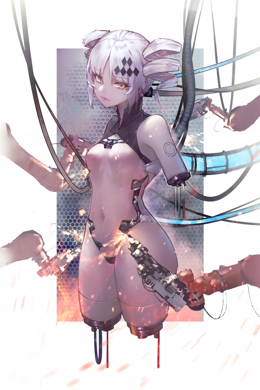absurdres amputee android cameltoe colored_skin frown highres karenina:_ember_(punishing:_gray_raven) karenina_(punishing:_gray_raven) looking_at_viewer maintenance mechanical_arms mechanical_parts navel nude phocomelia pink_lips punishing:_gray_raven quadruple_amputee robot short_twintails sparks stomach suspension tube twintails white_hair white_skin wire wudiyishileiyu yellow_eyes