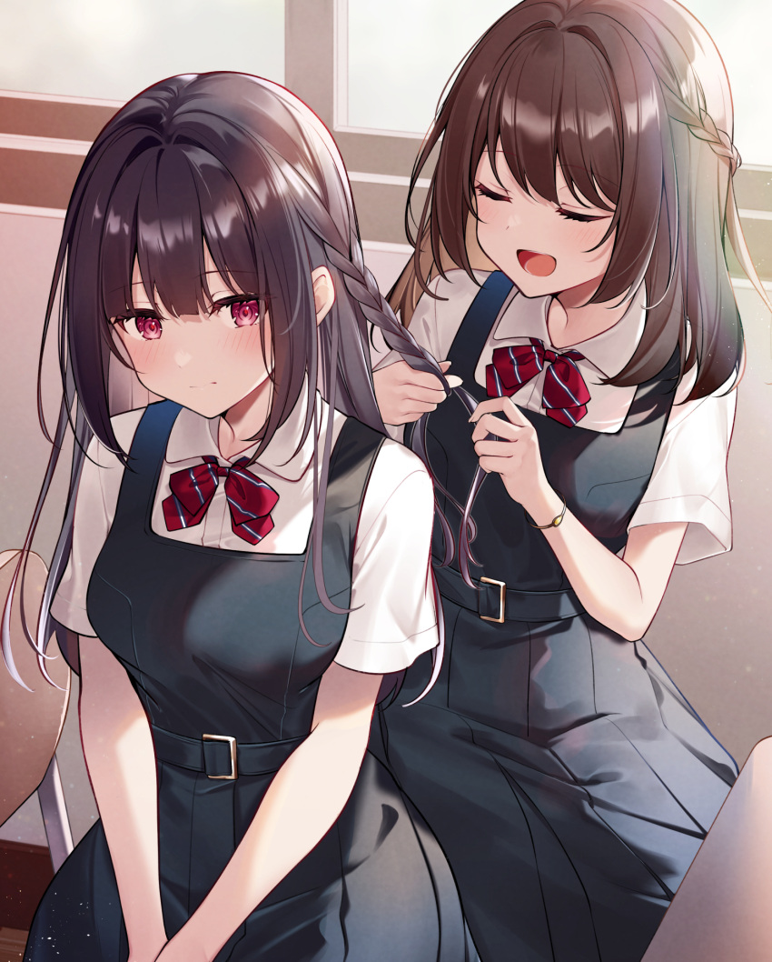 2girls adjusting_hair black_hair black_overalls blush bow bowtie brown_hair chair closed_eyes hair_between_eyes highres kisaragi_yuri long_hair multiple_girls open_mouth original overalls pink_eyes red_bow red_bowtie school_uniform shirt sitting white_shirt yuri