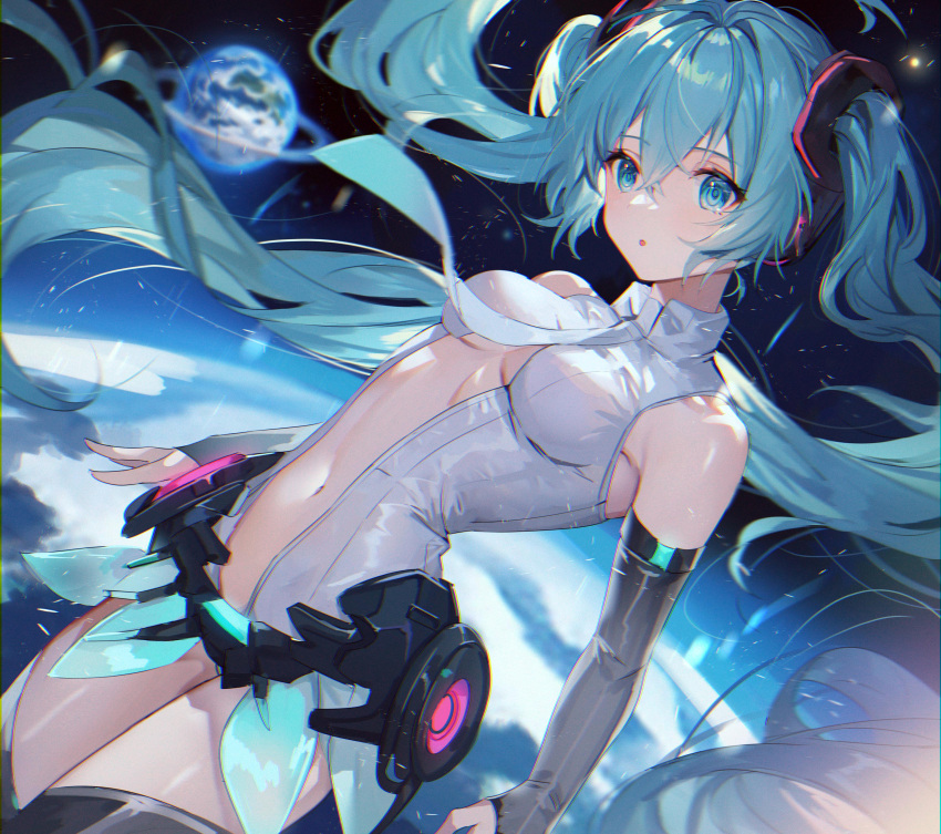 1girl :o absurdres bare_shoulders black_sleeves black_thighhighs blue_eyes blue_hair blurry breasts center_opening detached_sleeves earth_(planet) floating_hair hair_ornament hatsune_miku hatsune_miku_(append) highres long_hair long_sleeves looking_at_viewer medium_breasts miku_day navel necktie parted_lips planet shanguier shirt sleeveless sleeveless_shirt solo stomach thighhighs thighs twintails very_long_hair vocaloid vocaloid_append white_shirt
