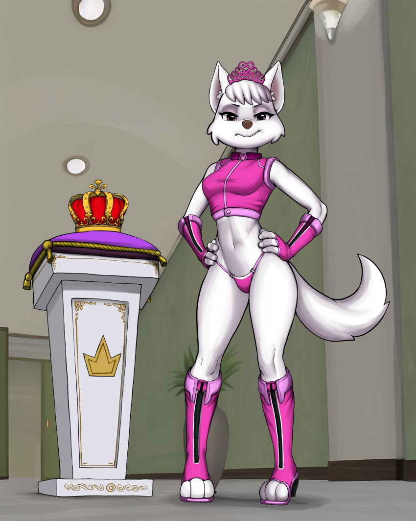 3_fingers 3_toes 4:5 absurd_res aged_up anthro anthrofied breasts canid canine canis cleavage clothed clothing collar crown detailed_background diacordst domestic_dog feet female fingers form_fitting fur headgear hi_res hunting_dog looking_at_viewer mammal paw_patrol pink_clothing pink_eyes solo sweetie_(paw_patrol) terrier tiara tight_clothing toes underwear unzipped_bodysuit unzipping west_highland_white_terrier white_body white_fur