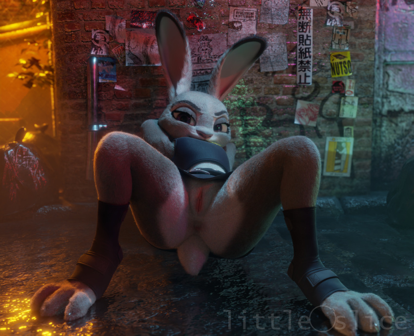2023 alley anthro anus artist_name badge belt_buckle bottomwear bulletproof_vest butt clothing dipstick_ears disney female footwear genitals hands_behind_head hi_res hindpaw judy_hopps lagomorph leporid littleslice-sfm lying mammal multicolored_ears on_back paws police presenting presenting_hindquarters presenting_pussy pussy rabbit scut_tail short_tail skirt socks solo tail zootopia