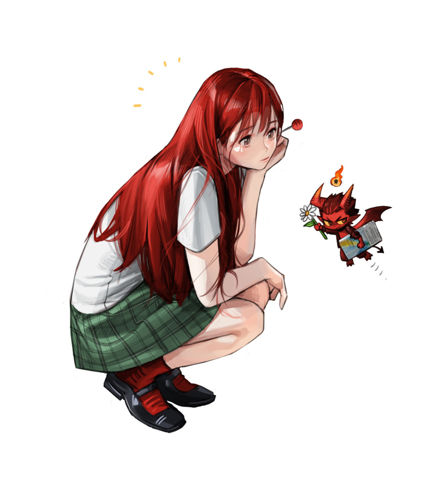 1boy 1girl black_footwear colored_skin daisy demon_boy demon_horns demon_tail demon_wings fire flower green_skirt hair_between_eyes highres horns long_hair original plaid plaid_skirt red_hair red_skin red_socks rinotuna shirt shoes short_sleeves simple_background size_difference skirt socks solo_focus squatting tail white_background white_flower white_shirt wings