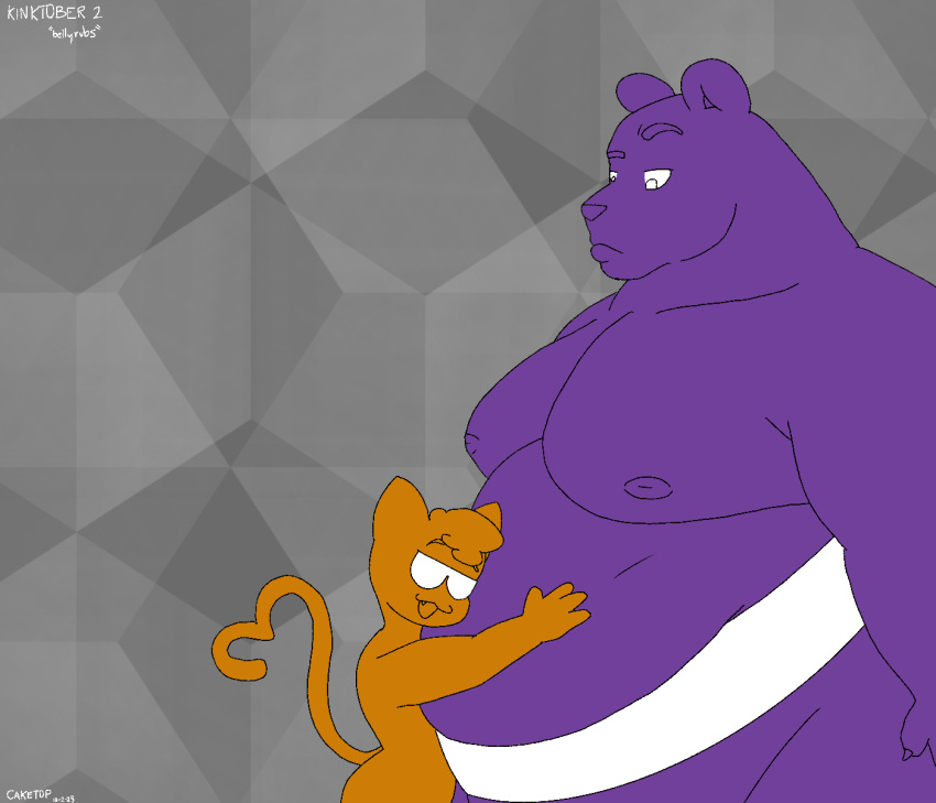 anthro bear belly belly_rub big_belly cake_top duo embrace eyewear felid feline hi_res hug kinktober male mammal obese obese_male overweight overweight_male party_cat_(cake_top) sumo_wrestler sunglasses