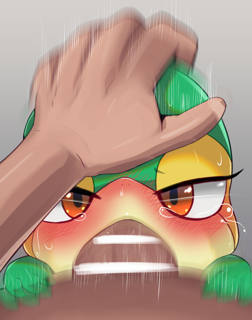 3_fingers 5_fingers ambiguous_gender anthro anthro_penetrated biped bodily_fluids brown_eyes censor_bar censored censored_genitalia censored_penis deep_throat duo erection eyelashes fingers genitals green_body grey_background hand_on_head hi_res himimi human human_on_anthro human_penetrating human_penetrating_anthro interspecies male male/ambiguous mammal motion_lines nintendo oral oral_penetration penetration penis pokemon pokephilia sex simple_background size_difference tan_body tears yellow_body