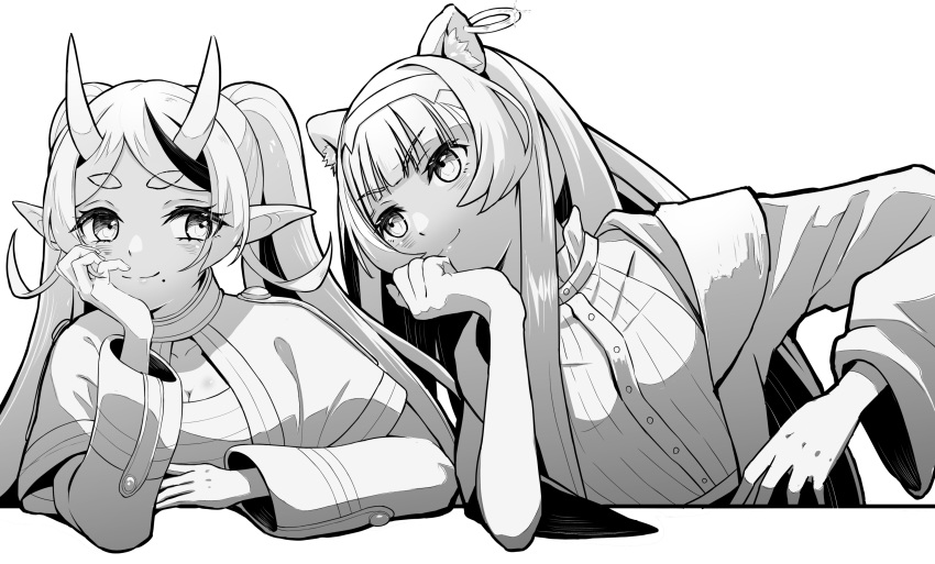 2girls absurdres animal_ear_fluff animal_ear_piercing animal_ears blush breasts capelet cleavage cloak commentary_request cosplay cropped_shirt elbows_on_table eye_contact fern_(sousou_no_frieren) fern_(sousou_no_frieren)_(cosplay) frieren frieren_(cosplay) frilled_shirt_collar frills greyscale hand_on_own_cheek hand_on_own_face head_rest highres hikimayu horns lion_ears long_hair long_sleeves looking_at_another mole mole_under_mouth monochrome multicolored_hair multiple_girls nijisanji noripro oni_horns open_cloak open_clothes pointy_ears regrush_lionheart rindou_mikoto shourai sideless_shirt sideways_glance simple_background sousou_no_frieren streaked_hair thick_eyebrows virtual_youtuber white_background