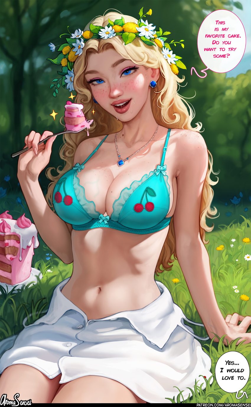 1girl absurdres aroma_sensei bare_shoulders biting blonde_hair blue_bra blue_eyes blush body_freckles bra breasts buttons cake cleavage collarbone daisy earrings eating english_text eyeshadow flower food fork freckles haley_(stardew_valley) head_wreath heart highres jewelry large_breasts lips long_hair makeup navel necklace open_clothes open_shirt outdoors saliva sideboob skirt smile solo sparkle stardew_valley underwear undressing wavy_hair