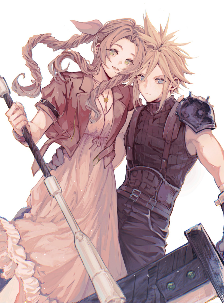 1boy 1girl aerith_gainsborough armor belt_buckle blonde_hair blue_eyes braid braided_ponytail brown_hair buckle buster_sword cloud_strife dress final_fantasy final_fantasy_vii final_fantasy_vii_remake green_eyes hair_ribbon hand_on_another's_shoulder hand_on_another's_waist highres holding holding_staff jacket leanor_ff14 leather_belt light_smile pink_dress red_jacket ribbon shoulder_armor spiked_hair staff suspenders turtleneck