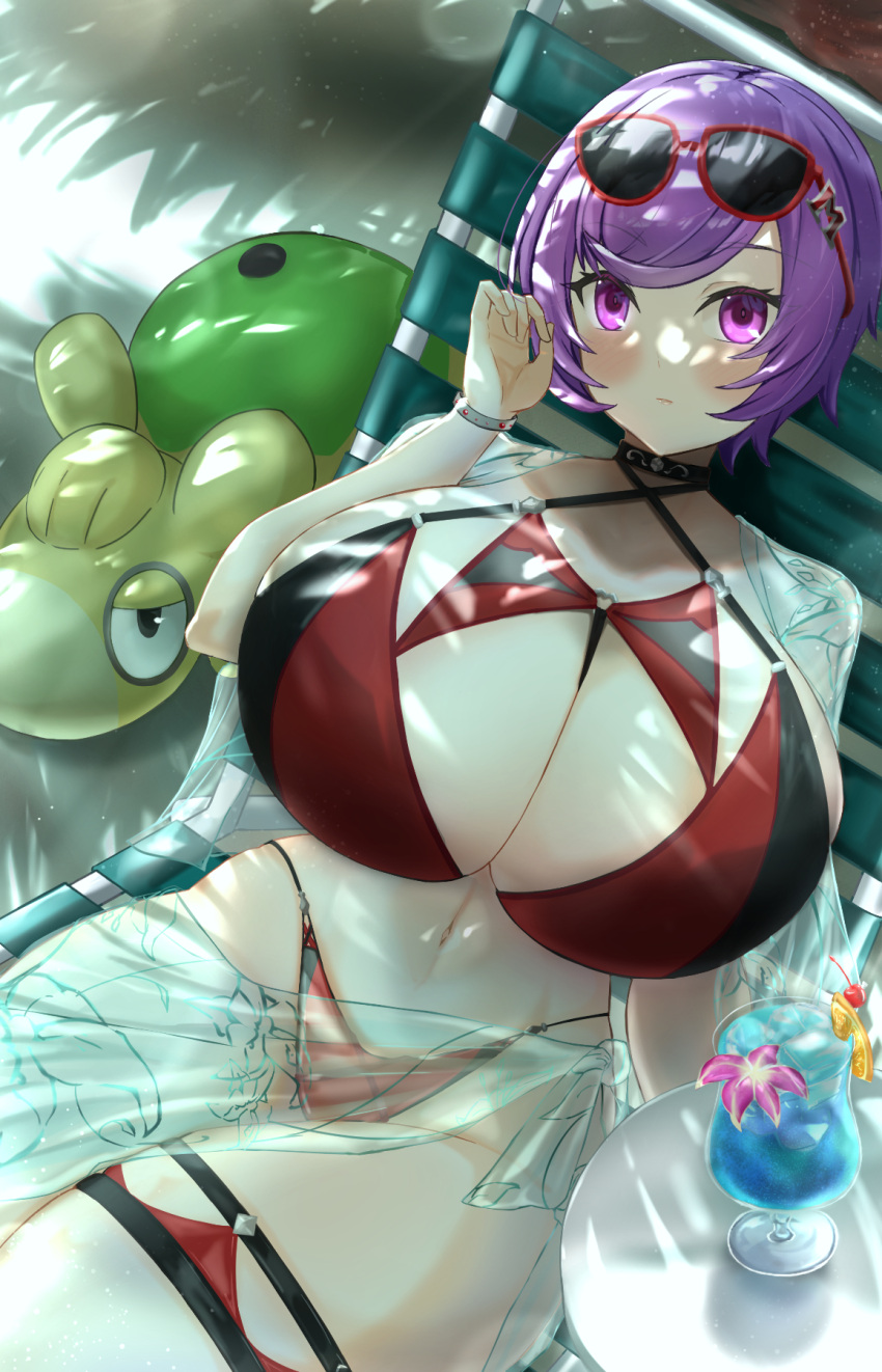 1girl aged_up beach_chair bikini black_choker blush breasts choker cleavage closed_mouth commentary_request courtney_(pokemon) criss-cross_halter cup dappled_sunlight drinking_glass eyewear_on_head groin halterneck hand_up highres hizakake huge_breasts looking_at_viewer navel numel pokemon pokemon_(creature) pokemon_(game) pokemon_oras purple_eyes purple_hair red_bikini sarong see-through_sarong shadow short_hair sidelocks sitting solo_focus stomach sunglasses sunlight swept_bangs swimsuit table thigh_strap wristband