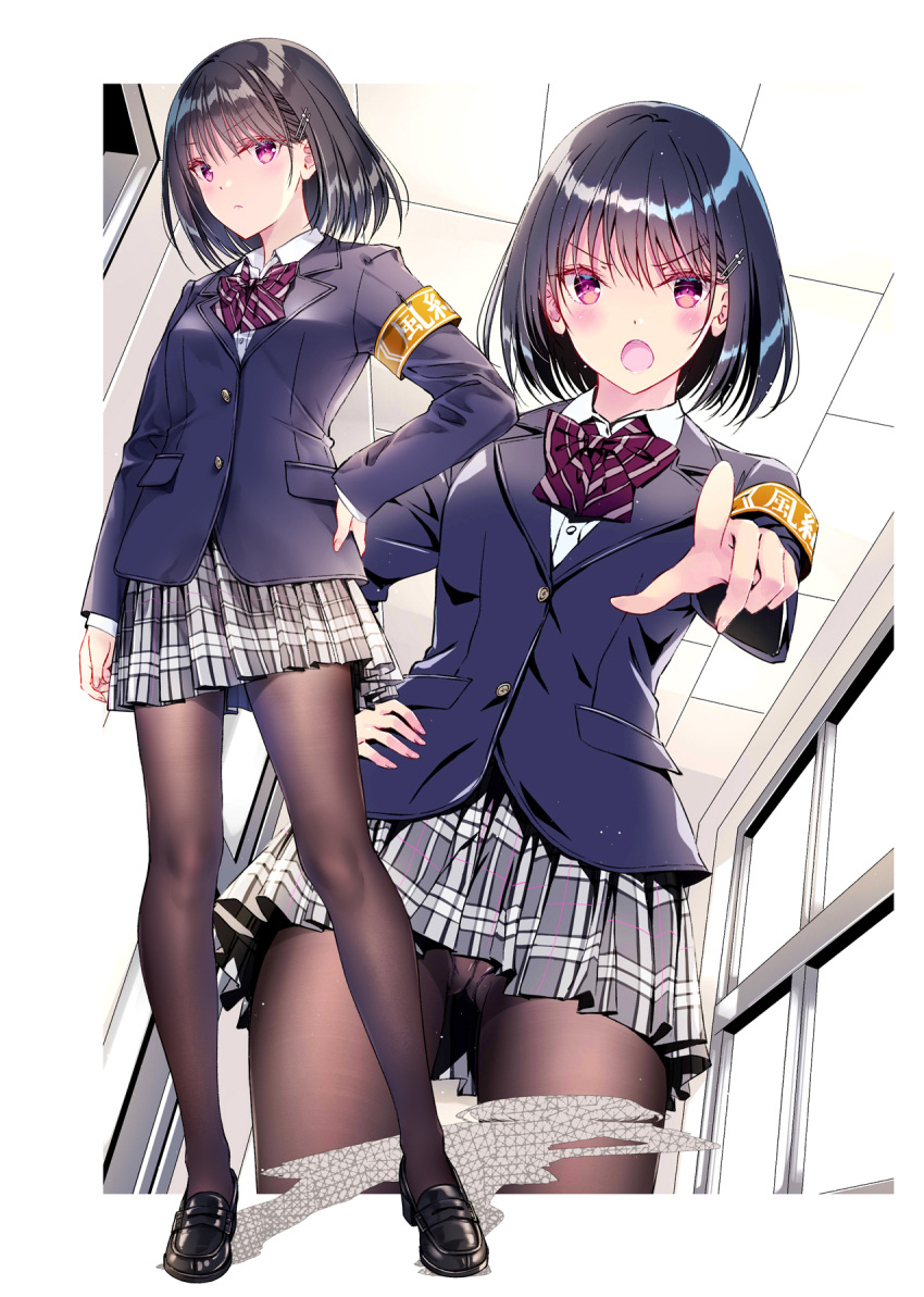 1girl :&lt; armband bad_id bad_twitter_id black_footwear black_hair black_jacket blazer blush bow bowtie commentary fine_fabric_emphasis grey_skirt hair_ornament hairclip hand_on_own_hip highres indoors jacket kobayashi_chisato loafers looking_at_viewer miniskirt multiple_views open_mouth original panties panties_under_pantyhose pantyhose pantyshot plaid plaid_skirt pointing pointing_at_viewer purple_eyes red_bow red_bowtie school_uniform serious shoes short_hair skirt standing striped striped_bow underwear v-shaped_eyebrows winter_uniform yellow_armband