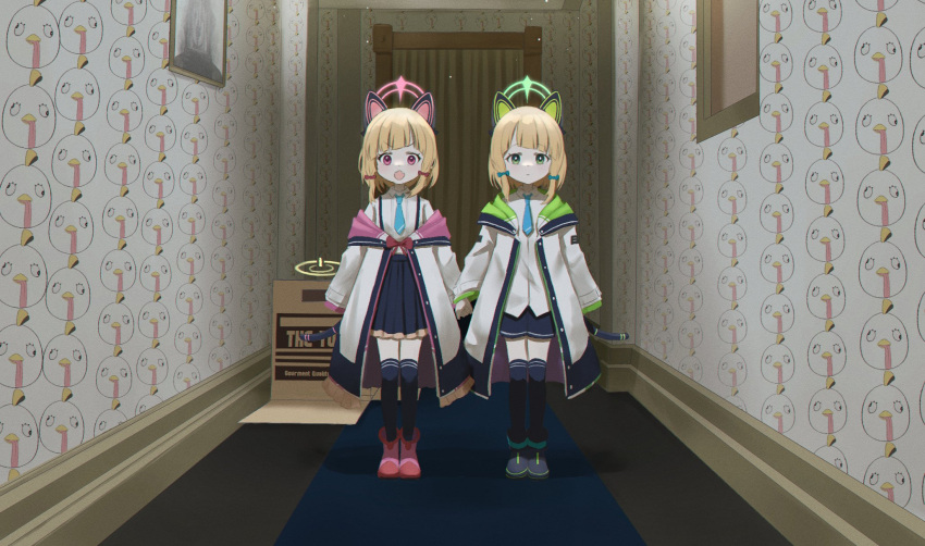 2girls animal_ear_headphones animal_ears black_shorts black_thighhighs blonde_hair blue_archive box cardboard_box cat_ear_headphones coat fake_animal_ears golconda_&amp;_decalcomania_(blue_archive) grady_sisters_(the_shining) green_eyes halo headphones highres indoors long_sleeves looking_at_viewer midori_(blue_archive) momoi_(blue_archive) multiple_girls open_clothes open_coat open_mouth peroro_(blue_archive) pink_eyes ribbon shirt shorts skirt standing suspender_skirt suspenders the_shining thighhighs white_coat white_shirt ziz_(pandora707)