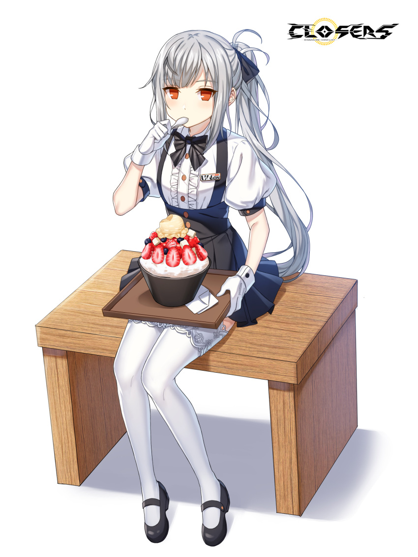 1girl badge black_bow black_bowtie black_footwear black_skirt bow bowl bowtie breasts center_frills closers collared_shirt copyright_name eating food frills fruit full_body gloves grey_hair hair_bow hand_up high-waist_skirt highres holding holding_spoon holding_tray ice_cream knees_together_feet_apart lace-trimmed_thighhighs logo long_hair looking_at_viewer mary_janes miniskirt no_pupils official_art on_bench orange_eyes paper pleated_skirt ponytail puffy_short_sleeves puffy_sleeves shirt shoes short_sleeves sidelocks single_scoop sitting sitting_on_bench skirt small_breasts solo spoon strawberry strawberry_slice suspender_skirt suspenders tachi-e thighhighs tina_(closers) tray underbust utensil_in_mouth very_long_hair waitress white_background white_gloves white_shirt white_thighhighs zettai_ryouiki