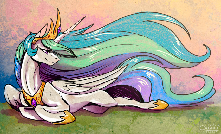 digital_media_(artwork) equid equine female feral friendship_is_magic hasbro hi_res horn horse invalid_tag mammal my_little_pony pony princess princess_celestia_(mlp) regalia rest royalty smile sunny_way tia winged_unicorn wings