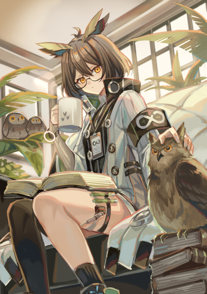 1girl absurdres antenna_hair arknights armband asymmetrical_legwear bird black_socks black_thighhighs book book_stack brown_eyes brown_hair closed_mouth coat cup glasses hair_between_eyes highres holding holding_cup indoors long_sleeves looking_at_viewer open_book open_clothes open_coat owl petting plant short_hair silence_(arknights) single_sock single_thighhigh sitting sleeves_past_wrists socks solo suzaku_(zaku6584) test_tube thigh_strap thighhighs uneven_legwear white_coat