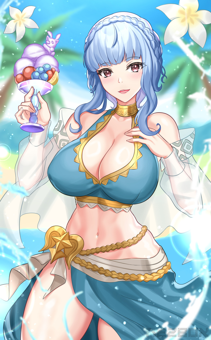 1girl :d absurdres alternate_eye_color bare_shoulders bikini blue_bikini blue_hair blue_sky blurry blurry_background braid breasts commentary_request cowboy_shot crown_braid day fire_emblem fire_emblem:_three_houses fire_emblem_heroes highres large_breasts looking_at_viewer marianne_von_edmund medium_hair navel nez-box official_alternate_costume open_mouth outdoors purple_eyes sarong sky smile solo standing stomach swimsuit thighs