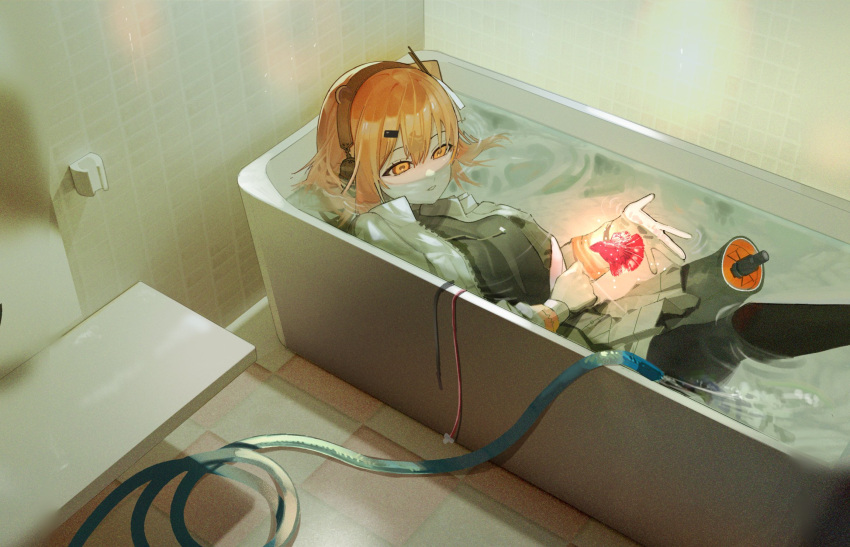 1girl a.i._voice adachi_rei amputee android asano_goji bathing bathroom bathtub black_leggings black_pantyhose black_shirt breasts cable clothed_bath commentary fish floating_hair gloves glowing grey_skirt hair_ornament hair_ribbon hairclip half-closed_eyes hand_on_own_stomach headphones highres hose indoors jacket leg_up leggings legs_up light_smile long_sleeves looking_at_animal lying mechanical_parts medium_breasts medium_hair missing_limb mouth_under_water on_back one_side_up open_clothes open_jacket orange_eyes orange_hair pantyhose parted_lips partially_submerged radio_antenna ribbon ripples shirt skirt solo tile_wall tiles utau water white_gloves white_jacket white_ribbon zipper