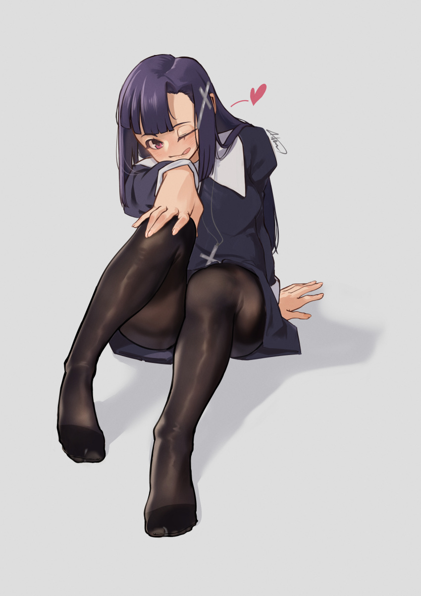 1girl absurdres aiharararara arm_support black_dress black_pantyhose blunt_bangs cross dress eyelashes feet full_body grey_background hand_on_own_knee heart highres kannagi knee_up legs loafers long_hair long_sleeves no_shoes nun on_ground one_eye_closed pantyhose parted_bangs purple_eyes purple_hair shadow shoes signature sitting solo thighs toes tongue tongue_out zange