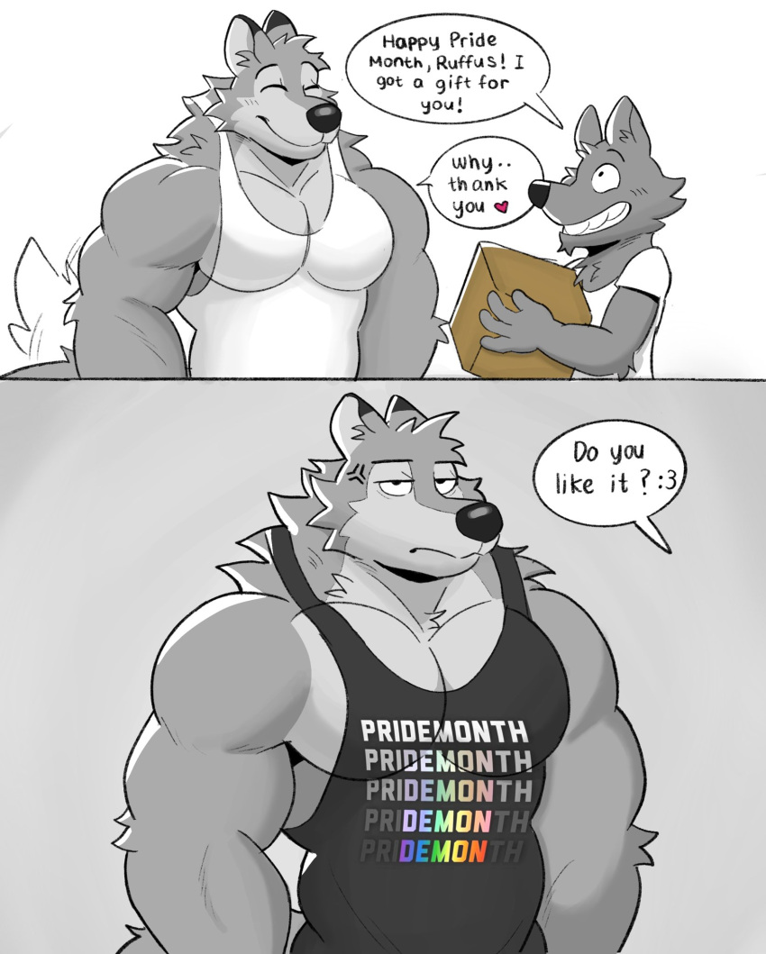 &lt;3 :3 annoyed anthro arm_tuft big_muscles black_nose canid canine canis clothed clothing cross-popping_vein duo elbow_tuft eyes_closed facial_tuft fur grey_body grey_fur happy head_tuft hi_res humor male mammal muscular pecs pride_month ruffus_(ruffusbleu) ruffusbleu shirt size_difference smile tank_top teeth topwear tuft wolf