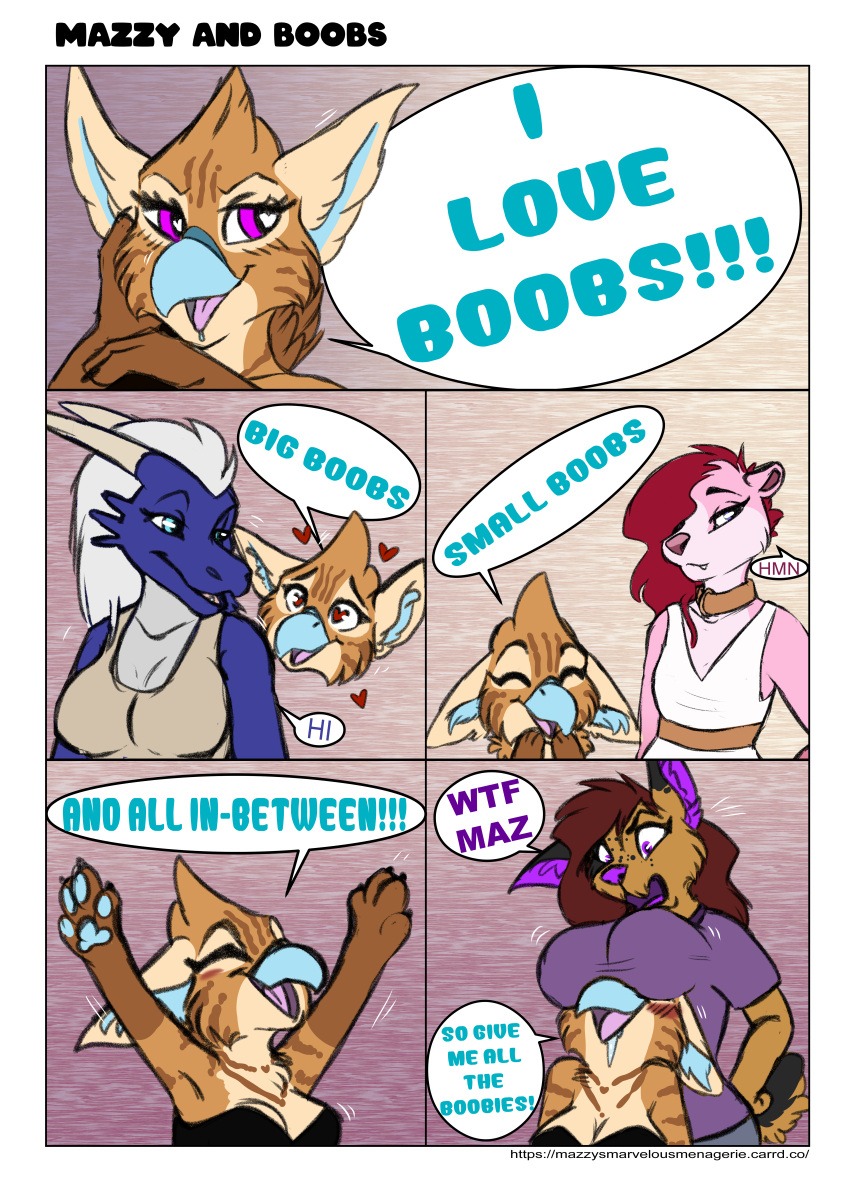 absurd_res anthro avian big_breasts blush bodily_fluids breast_size_difference breasts canid canine canis clothed clothing comic dialogue digital_media_(artwork) domestic_dog dragon english_text eye_scar facial_scar female female/female group grumpy_griffin_creations gryphon hair hi_res hunting_dog hutch mammal marvelous_managerie mazzy_techna mustelid mythological_avian mythology open_mouth otter scar simple_background sketch smile terrier text yorkshire_terrier