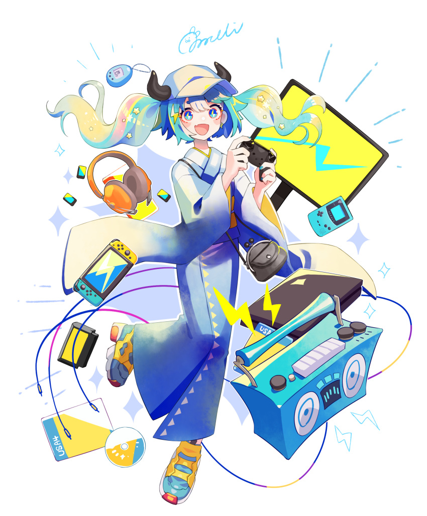 1girl absurdres bag baseball_cap blue_eyes blue_hair blue_kimono blush boombox cd controller fang game_boy game_controller handbag handheld_game_console hat headphones headphones_removed highres holding holding_controller holding_game_controller horns japanese_clothes kimono lightning_bolt-shaped_pupils lightning_bolt_symbol long_hair looking_at_viewer nintendo_switch open_mouth original skin_fang smile sorata123 twintails white_headwear