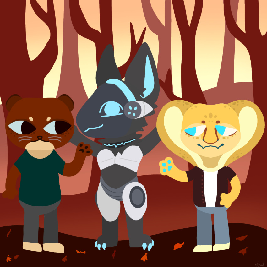 anonymous_artist anthro cobra elapid_(snake) group hi_res humanoid king_cobra machine male mammal mustelid night_in_the_woods otter protogen reptile scalie snake trio