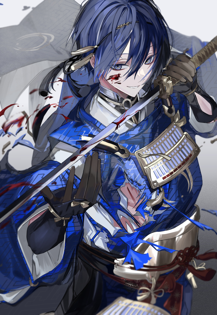 1boy absurdres armor black_gloves black_hair blood blood_on_face blood_splatter blue_eyes blue_hair cuts gloves gradient_background hair_between_eyes highres holding holding_sword holding_weapon injury japanese_armor japanese_clothes katana kushiro_kuki looking_to_the_side male_focus mikazuki_munechika short_hair simple_background smile solo sword torn_clothes touken_ranbu weapon