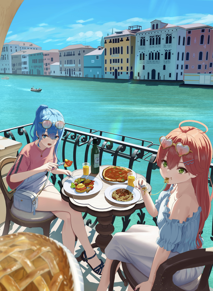 2girls absurdres ahoge asakura_(asa_t77) boat bottle breakfast cherry_tomato city closed_mouth commentary_request eating egg eyewear_on_head food food_in_mouth food_on_face fork fruit ham heart heart-shaped_eyewear highres holding holding_fork hololive hoshimachi_suisei italy long_hair long_sleeves looking_at_viewer multicolored_shirt multiple_girls mushroom open_mouth outdoors pasta pie pink_shirt pizza plate ponytail river sakura_miko shirt skirt smoke spaghetti strawberry tomato vacation virtual_youtuber watercraft white_shirt