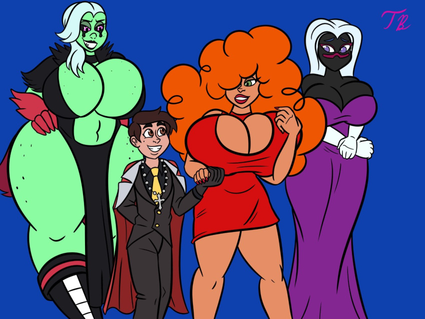 alien big_breasts black_body black_skin breasts clothing coat_over_shoulders cross cross_necklace disney dress duck_dodgers female green_body green_skin group hair huge_breasts human humanoid jewelry lord_dominator male male/female mammal marco_diaz mouthless necklace queen_tyr'ahnee red_hair rosary sara_bellum shorter_male simple_background star_vs._the_forces_of_evil suit taller_female thornbrusha thornbrushart wander_over_yonder white_hair