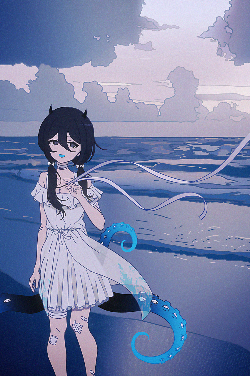 1girl bandage_on_knee bandaged_leg bandaged_neck bandages bandaid bandaid_on_leg beach black_eyes black_hair bow cloud cloudy_sky commentary day dress empty_eyes feet_out_of_frame film_grain finger_ribbon frilled_dress frills gauze hair_between_eyes hair_bow hair_over_shoulder half-closed_eyes half-skirt hand_up head_tilt highres horns indie_virtual_youtuber long_hair looking_at_viewer looking_to_the_side low_twintails multiple_hair_bows nkymyura ocean official_alternate_costume open_mouth outdoors overskirt pink_sky ribbon ringed_eyes scar scar_on_chest see-through see-through_skirt short_dress skirt sky sleeveless sleeveless_dress smile solo spaghetti_strap stitches straight-on tentacles twintails virtual_youtuber waist_bow waves white_bow white_dress white_ribbon wind yamata_ia