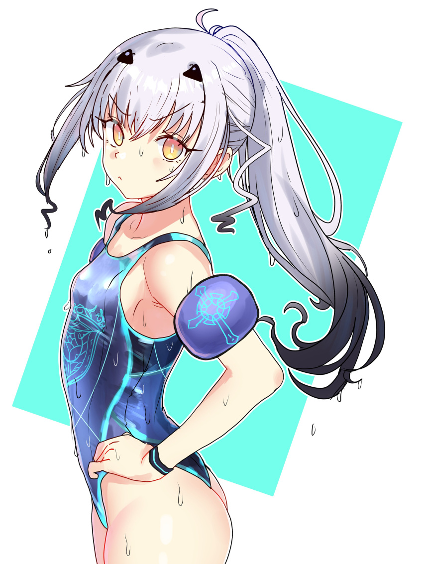 1girl absurdres alternate_costume aqua_background ass blue_one-piece_swimsuit breasts closed_mouth ebora fate/grand_order fate_(series) from_side frown grey_hair hair_ornament hand_on_own_hip highleg highleg_swimsuit highres inflatable_armbands long_hair looking_at_viewer looking_to_the_side melusine_(fate) melusine_(swimsuit_ruler)_(fate) official_alternate_hairstyle one-piece_swimsuit ponytail sidelocks small_breasts solo swimsuit two-tone_background v-shaped_eyebrows wet white_background yellow_eyes