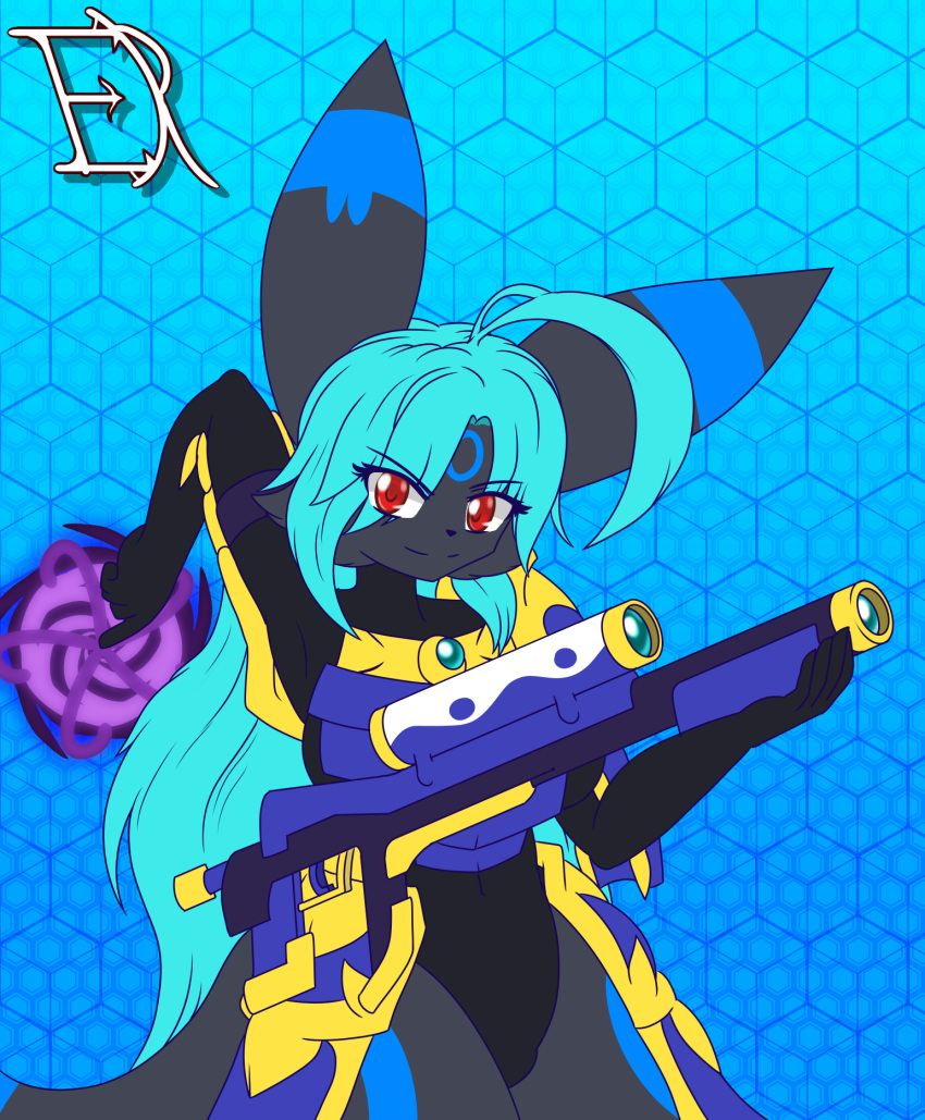 2023 ahoge anthro armor big_breasts blue_hair breasts clothing derthevaporeon digital_drawing_(artwork) digital_media_(artwork) eeveelution female generation_2_pokemon gun hair hi_res leotard markings mitsuki_(derthevaporeon) nintendo pokemon pokemon_(species) ranged_weapon red_eyes rifle shadow_ball smile solo umbreon weapon