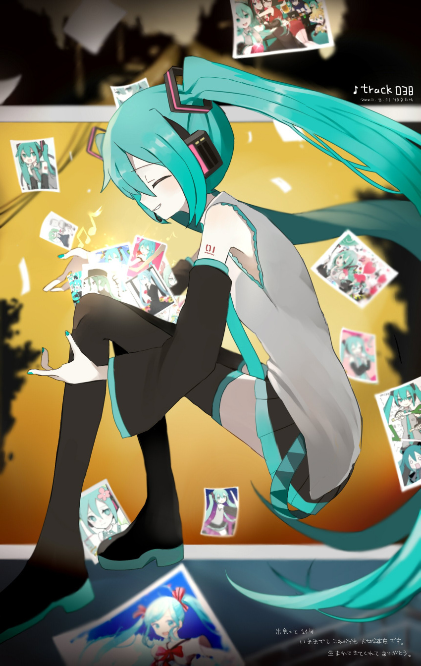 1925_(vocaloid) 1girl absurdres amaminminzemi aqua_hair aqua_nails black_footwear black_skirt black_sleeves blue_necktie boots celluloid_(vocaloid) closed_eyes detached_sleeves hatsune_miku highres kagamine_len kagamine_rin kaito_(vocaloid) long_hair megurine_luka meiko_(vocaloid) miracle_paint_(vocaloid) necktie photo_(object) pleated_skirt romeo_to_cinderella_(vocaloid) saihate_(vocaloid) shirt skirt sleeveless sleeveless_shirt solo song_request songover thigh_boots twintails very_long_hair vocaloid