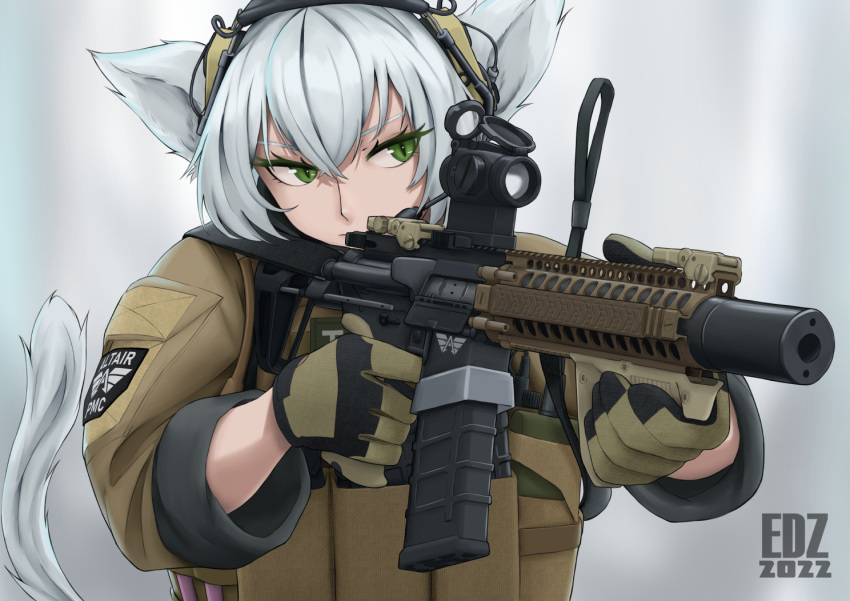 1girl aiming angled_foregrip animal_ears ar-15 artist_name assault_rifle cat_ears cat_tail colored_eyelashes commentary crossed_bangs dated dated_commentary edzactly english_commentary gloves green_eyes gun headset holding holding_gun holding_weapon load_bearing_vest magazine_(weapon) optical_sight original radio reflex_sight rifle short_hair shoulder_patches sidelocks signature slit_pupils stanag_magazine suppressor tactical_clothes tail tammy_(edz) uniform upper_body weapon white_hair