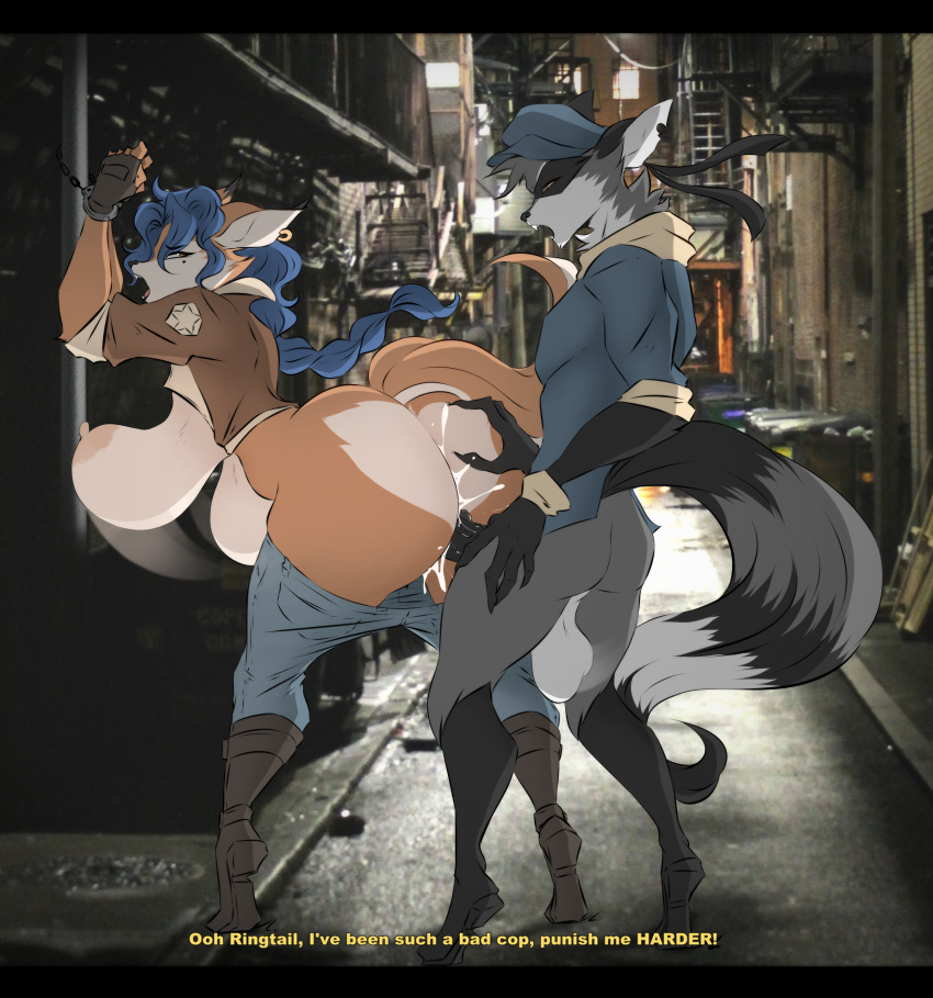 absurd_res alley anthro anthro_on_anthro anthro_penetrated anthro_penetrating anthro_penetrating_anthro balls bedroom_eyes big_balls big_breasts black_bars blue_hair bodily_fluids boots bottomless bottomless_anthro bottomless_male bottomwear bottomwear_down braided_hair breasts butt canid canine carmelita_fox clothed clothing cuff_(restraint) cum cum_in_pussy cum_inside cumshot denim denim_clothing dialogue doggystyle dullvivid duo ear_piercing ear_ring ejaculation english_text erection female female_penetrated fingerless_gloves footwear fox from_behind_position fur genital_fluids genitals gloves grey_body grey_fur hair half-closed_eyes handcuffed handcuffs handwear hi_res huge_balls huge_breasts humanoid_genitalia humanoid_penis jeans letterbox looking_pleasured male male/female male_penetrating male_penetrating_female mammal markings mask metal_cuffs multicolored_body multicolored_fur narrowed_eyes open_clothing open_mouth open_shirt open_topwear orange_body orange_fur orgasm outside_sex pants pants_around_thighs pants_down partially_clothed penetration penis piercing procyonid public public_sex raccoon restraints ring_(marking) ring_piercing ringtail sagging_breasts seductive sex shirt sly_cooper sly_cooper_(series) sony_corporation sony_interactive_entertainment standing standing_doggystyle standing_sex sucker_punch_productions tail tail_markings tan_body tan_fur text thick_thighs topwear two_tone_body two_tone_fur vaginal vaginal_penetration wide_hips