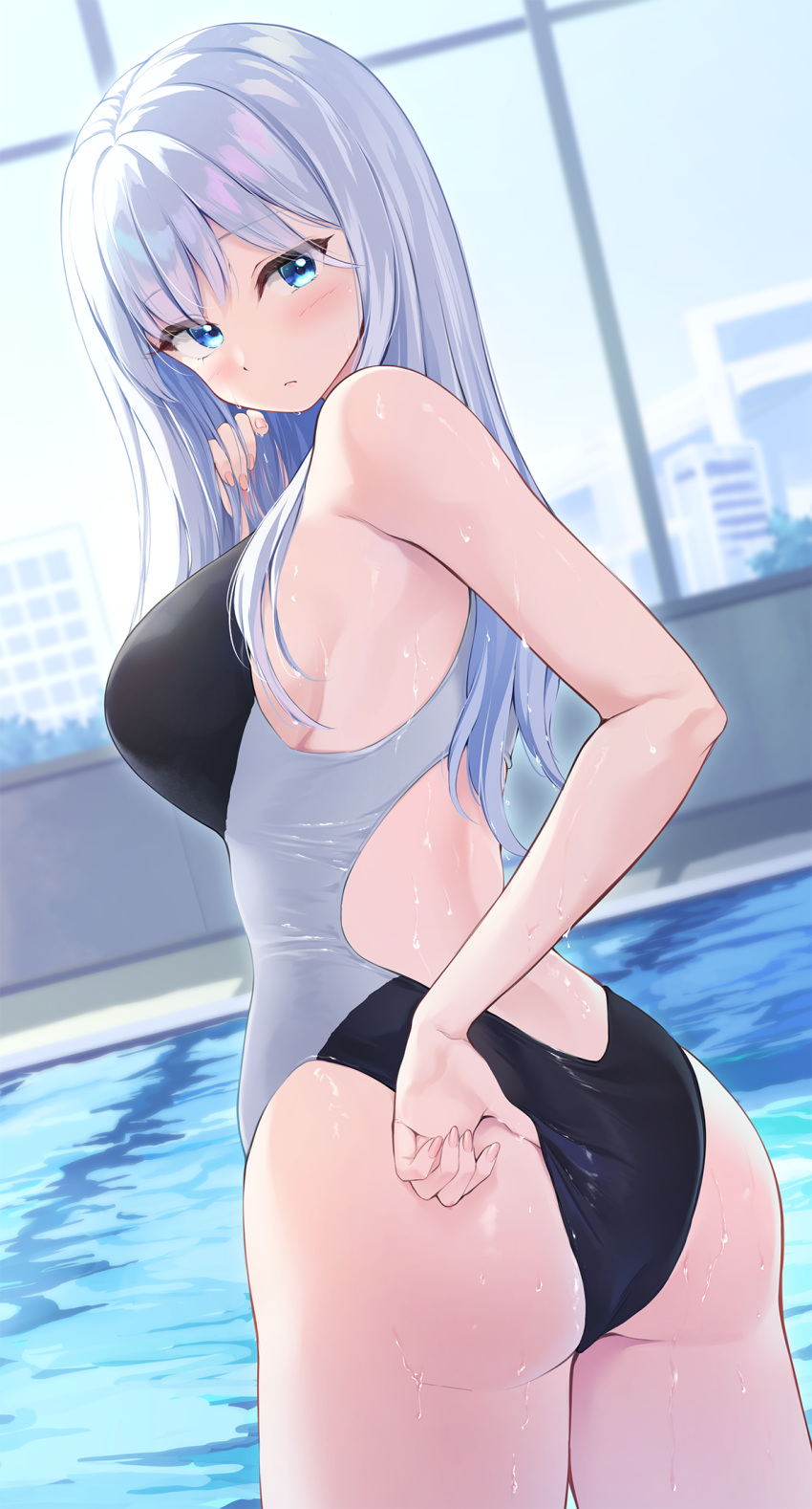 1girl adjusting_clothes adjusting_swimsuit ass black_one-piece_swimsuit blue_eyes blush breasts building city closed_mouth hair_between_eyes highleg highres long_hair looking_at_viewer looking_back looking_to_the_side medium_breasts one-piece_swimsuit original pasdar pool poolside sideboob solo standing swimsuit two-tone_swimsuit wet white_hair white_one-piece_swimsuit window