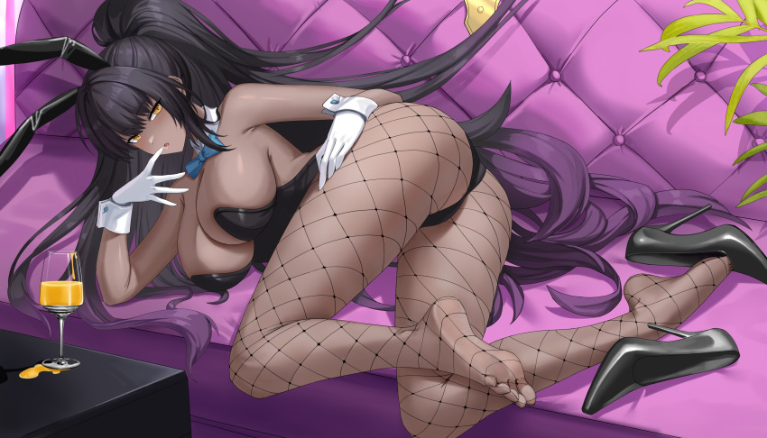1girl absurdres animal_ears ass bare_arms bare_shoulders black_footwear black_hair black_leotard blue_archive blue_bow blue_bowtie blush bow bowtie breasts couch dark-skinned_female dark_skin detached_collar fake_animal_ears fishnet_pantyhose fishnets full_body gloves high_heels highres karin_(blue_archive) karin_(bunny)_(blue_archive) large_breasts leotard long_hair looking_at_viewer lying official_alternate_costume on_side otakueden1995 pantyhose parted_lips playboy_bunny ponytail rabbit_ears shoes solo thighs unworn_shoes white_gloves yellow_eyes