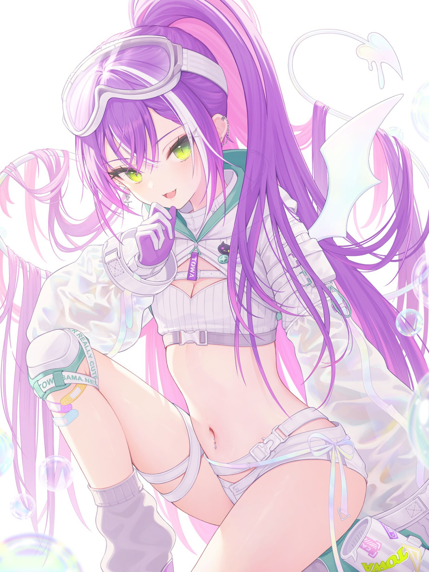 1girl belt breasts cleavage cleavage_cutout clothing_cutout crop_top cropped_hoodie demon_tail demon_wings ear_piercing fangs gloves goggles goggles_on_head green_eyes highres hololive hood hood_down hoodie knee_pads knee_up long_hair long_sleeves looking_at_viewer micro_shorts midriff mini_wings multicolored_hair navel navel_piercing official_alternate_costume open_mouth piercing ponytail purple_hair ribbed_shirt ribbon see-through see-through_sleeves shirt shorts slit_pupils small_breasts smile snow_is socks solo stomach streaked_hair tail thigh_strap thighs tokoyami_towa tokoyami_towa_(5th_costume) two-tone_gloves two-tone_hair very_long_hair virtual_youtuber white_gloves white_ribbon white_shirt white_shorts white_socks wings