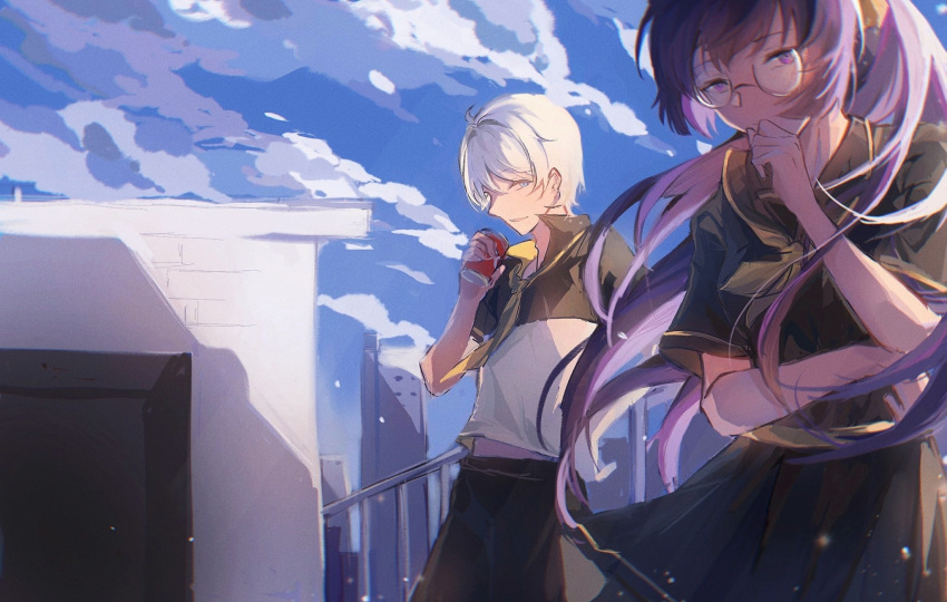 1boy 1girl blue_eyes cloud cloudy_sky collared_shirt couple cup disposable_cup dou_g_(douglasiai413) from_side glasses hair_between_eyes hair_flowing_over hand_on_own_chin hand_up highres holding holding_cup honkai_(series) honkai_impact_3rd kevin_kaslana leaning_back looking_down looking_to_the_side mei_(honkai_impact) outdoors ponytail purple_eyes purple_hair rooftop school school_uniform shirt short_sleeves skirt sky standing white_hair