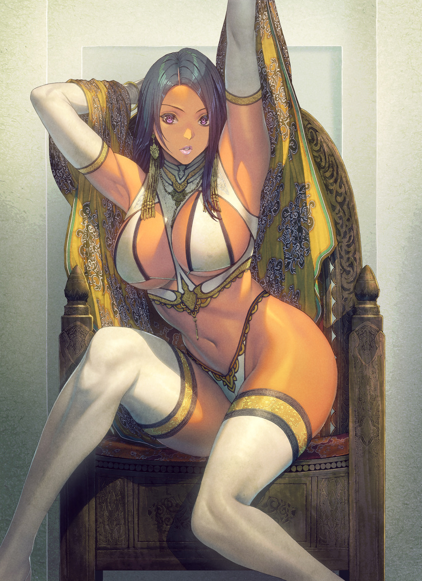 1girl arm_behind_head armpits arms_up between_breasts black_hair bra bracelet breastless_clothes breasts crop_top dark-skinned_female dark_skin earrings elbow_gloves embroidery feet_out_of_frame gloves gold_trim grey_background groin highleg highleg_panties highres homare_(fool's_art) jewelry large_breasts lipstick long_hair looking_at_viewer makeup navel necklace original panties parted_hair purple_eyes purple_lips shawl shirt sitting sleeveless sleeveless_shirt solo thighhighs throne toned underboob underwear white_bra white_gloves white_panties white_thighhighs