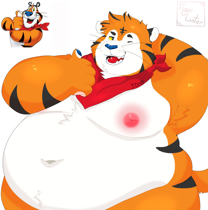 absurd_res anthro belly big_belly black_stripes blue_nose felid frosted_flakes hi_res kellogg's kerchief male mammal mascot neckerchief nipples one_eye_closed orange_body orange_tail overweight overweight_anthro overweight_male pantherine red_kerchief red_neckerchief red_tongue reference_image solo stripes tail tiger tigerluster tongue tony_the_tiger white_belly