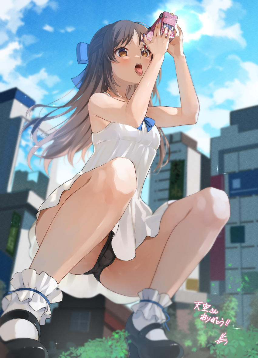 2girls absurdres black_footwear black_panties blue_bow blurry blurry_background bow brown_eyes brown_hair building cloud dress food_truck from_below giant giantess hair_bow high_heels highres idolmaster idolmaster_cinderella_girls kkix25 long_hair multiple_girls panties purple_nails signature sky skyscraper sleeveless sleeveless_dress sparkle squatting tachibana_arisu tongue tongue_out underwear white_dress