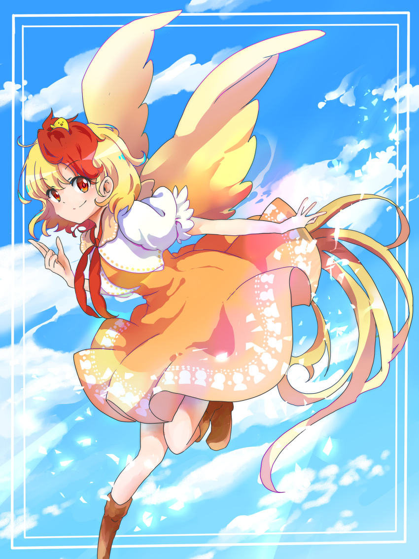 animal animal_on_head bird bird_on_head bird_tail bird_wings blonde_hair blue_sky brown_footwear chick chicken commentary_request dress feathered_wings highres miyapon531 multicolored_hair niwatari_kutaka on_head orange_dress red_hair shirt short_hair sky smile tail tail_feathers touhou two-tone_hair white_shirt wings yellow_wings