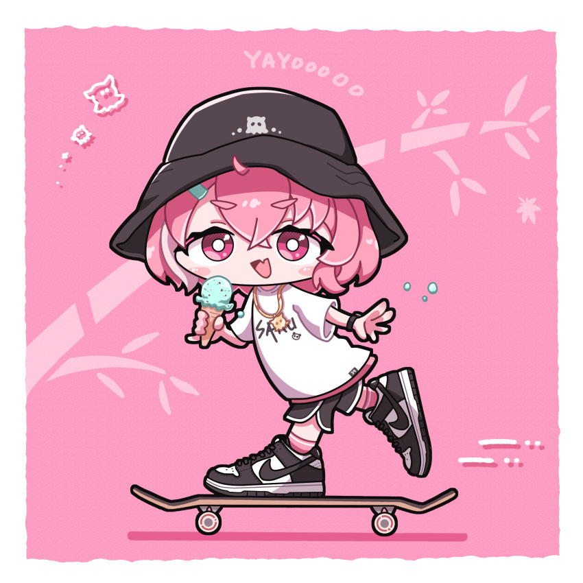 1girl :d adapted_costume bass_guitar black_headwear blush_stickers bucket_hat chibi crossed_bangs fang fender_precision_bass food gyorasuke hair_between_eyes hat highres holding holding_food holding_ice_cream ice_cream instrument looking_at_viewer nijisanji nike_dunk open_mouth pink_hair sasaki_saku shirt shoes short_hair skateboard skateboarding skin_fang smile sneakers solo streetwear t-shirt thick_eyebrows virtual_youtuber white_shirt